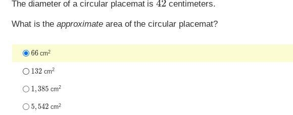 The diameter of a circular placemat is 42 centimeters. What is the approximate area-example-1