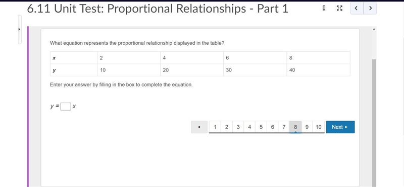 What equation represents the proportional relationship displayed in the table? x 2 4 6 8 y-example-1