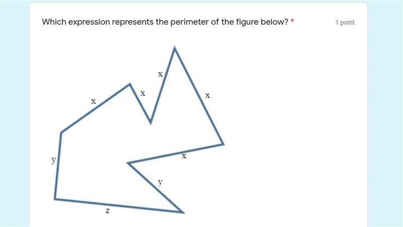 Which expression represents the perimeter of the figure below? * A= 5x+2y+z B=5x+2y-example-1