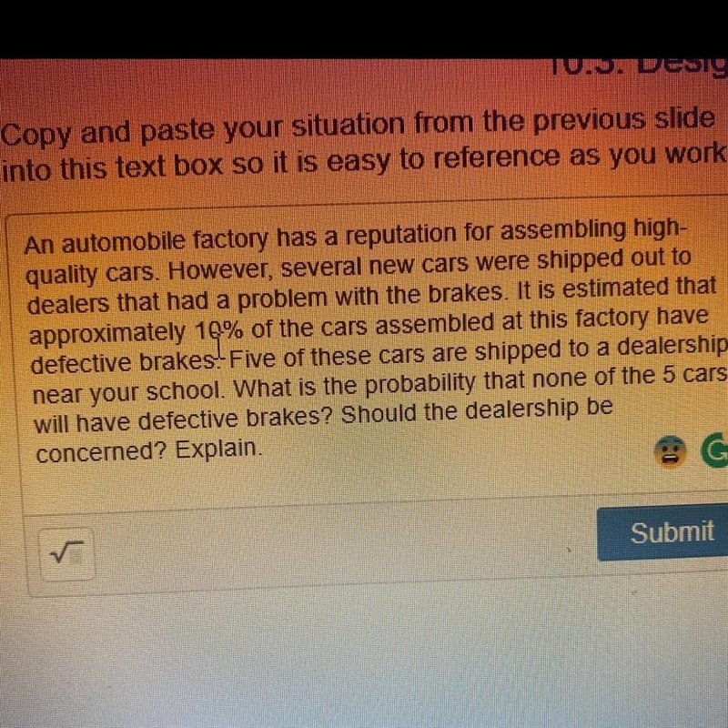 Can someone please help me with this. What is the probability that none of the 5 cars-example-1