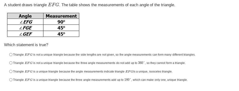 A student draws triangle EFG. The table shows the measurements of each angle of the-example-1