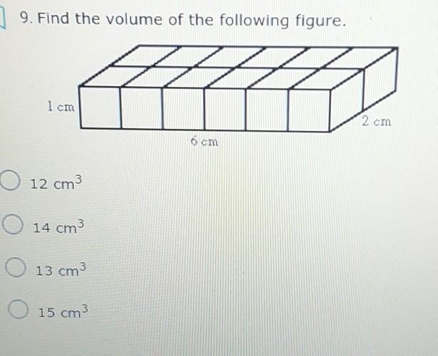 Find the volume of the following figure. 1 Icm 2 cm 6 cm O 12 cm O 14 cm3 O 13 cm-example-1