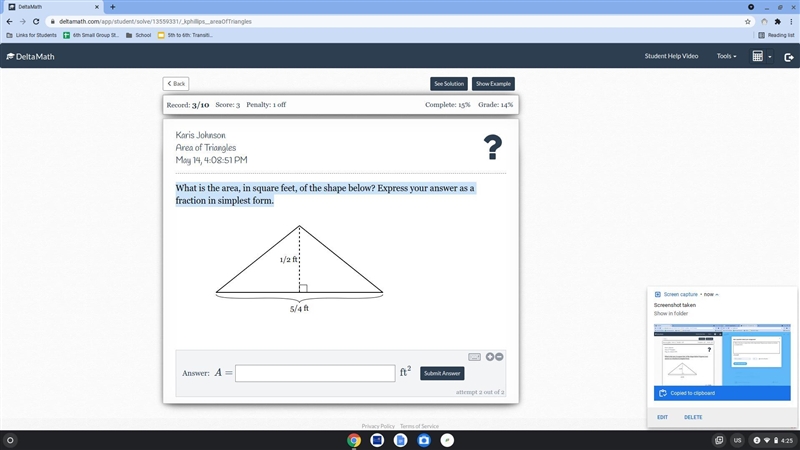 What is the area, in square feet, of the shape below? Express your answer as a fraction-example-1