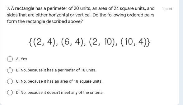 A rectangle has a perimeter of 20 units, an area of 24 square units, and sides that-example-1