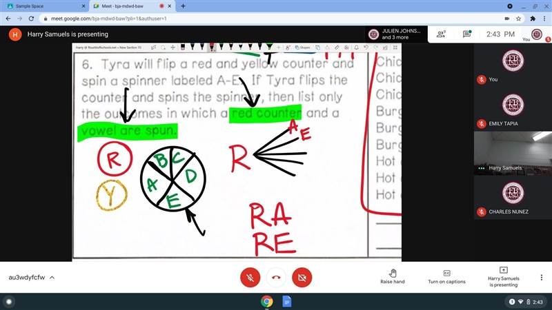 This is Sample Space. Tyra will flip a red and yellow counter and spin a spinner labeled-example-1