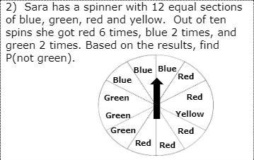 Sara has a spinner with 12 equal sections of blue, green, red and yellow. Out of ten-example-1