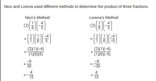 Nico and Lorena used different methods to determine the product of three fractions-example-2