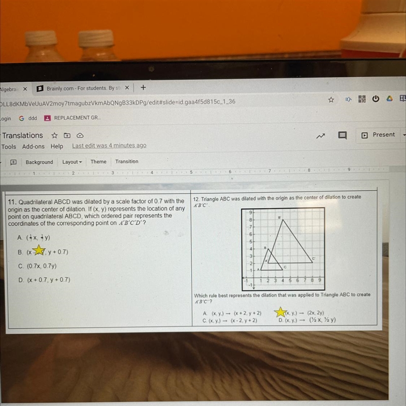 With the 12. Triangle ABC was dilated with the origin as the center of dilation to-example-1