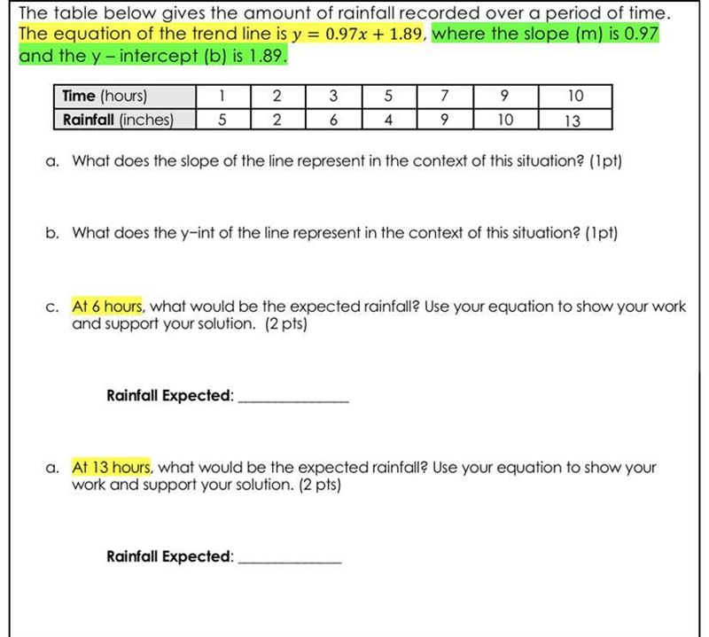 The table below gives the amount of rainfall recorded over a period of time. The equation-example-1