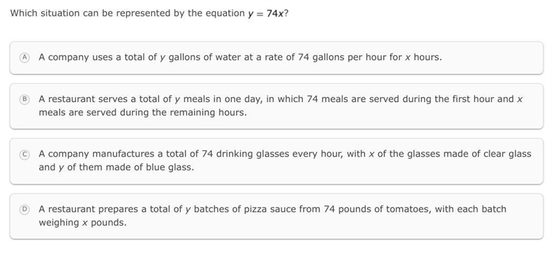 Which situation can be represented by the y=74x-example-1