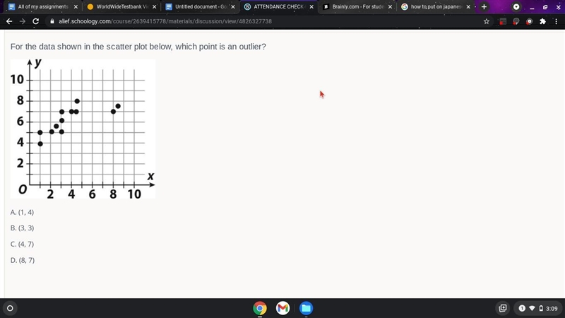 For the data shown in the scatter plot below, which point is an outlier? A. (1, 4) B-example-1