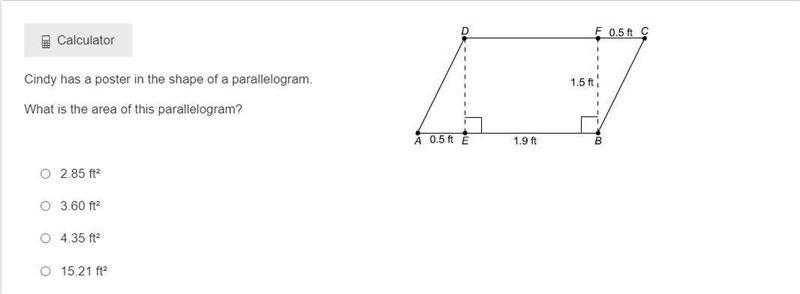 Cindy has a poster in the shape of a parallelogram. What is the area of this parallelogram-example-1