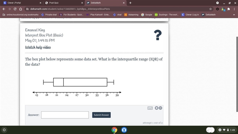 The box plot below represents some data set. What is the interquartile range (IQR-example-1