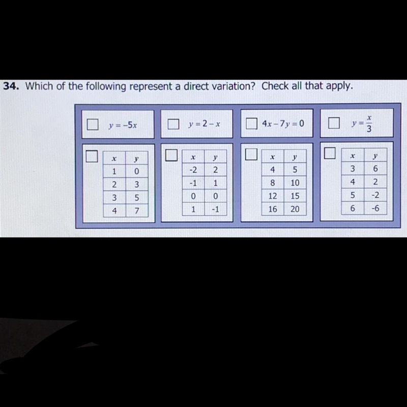 Which of the following represents a direct variation? Check all that apply. (Look-example-1