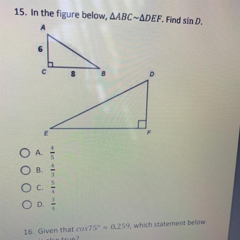 Help please In the figure below, AABC-ADEF. Find sin D.-example-1