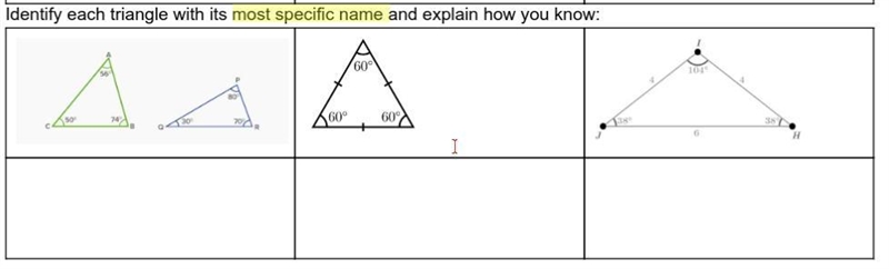 Identify each triangle with its most specific name and explain how you know:-example-1