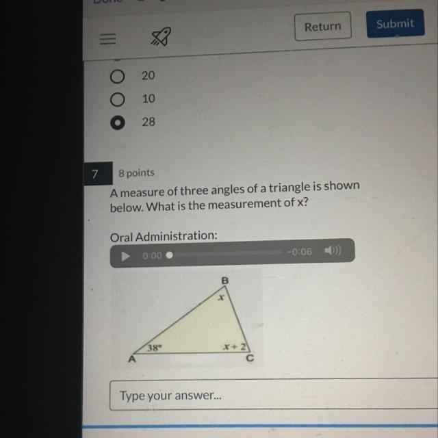 A measure below of three angles of a triangle is shown below. What is the measure-example-1