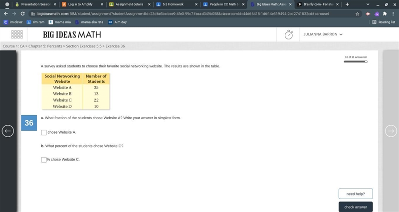 A. What fraction of the students chose Website A? Write your answer in simplest form-example-1