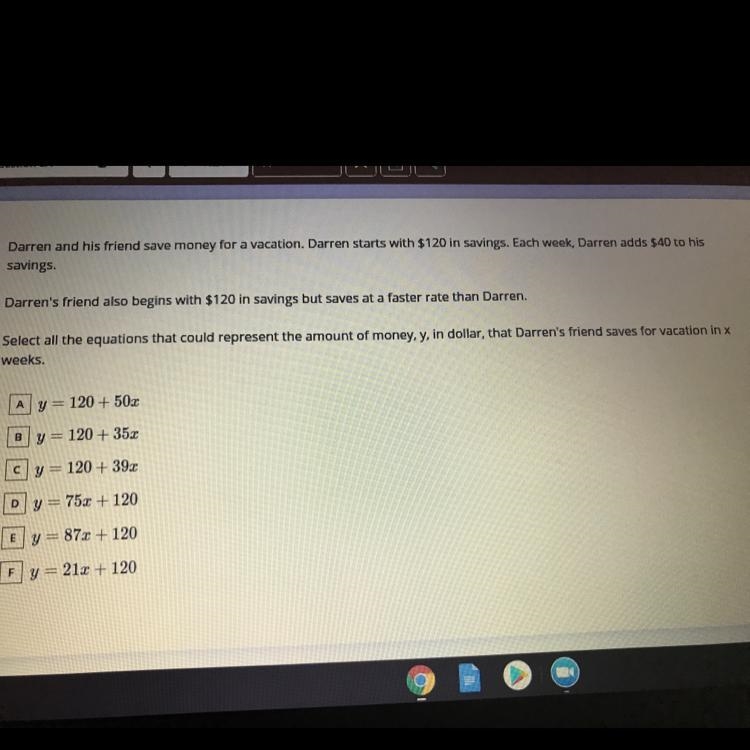 Darren and his friend save money for a vacation. Darren starts with $120 in savings-example-1