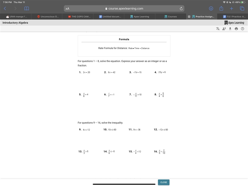 For questions 1 – 8, solve the equation. Express your answer as an integer or as a-example-1