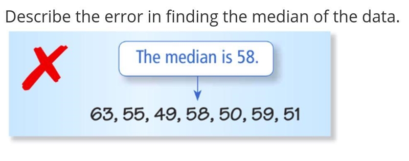 Describe the error in finding the median of the data.-example-1