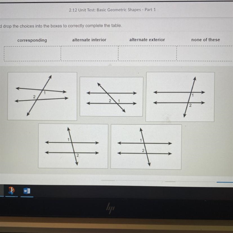 Classify each pair of numbered angles as corresponding, alternate interior, alternate-example-1