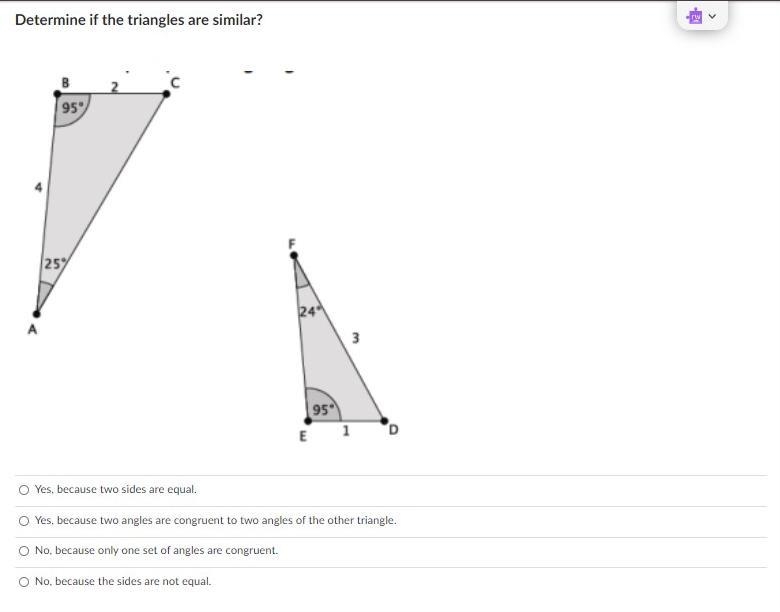 I need help on this answer choices : Yes, because two sides are equal. Yes, because-example-1