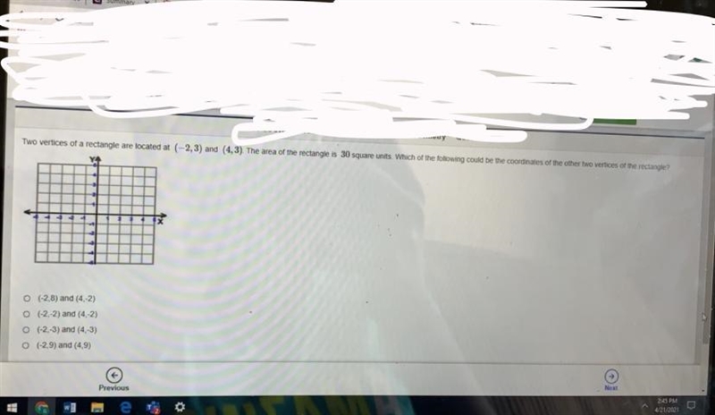 Two vertices of a rectangle are located at (-2,3) and (4,3). The area of the rectangle-example-1