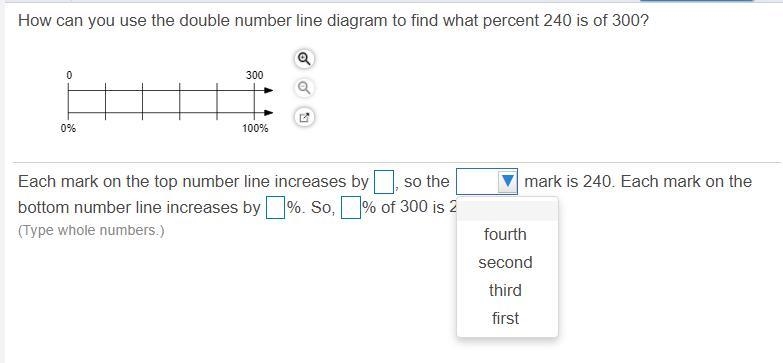 How can you use the double number line diagram to find what percent 240 is of 300​?-example-1