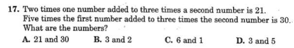 Two times one number added to three times a second number is 21. Five times the first-example-1