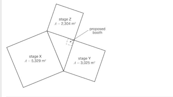 The diagram is a model of festival grounds having three square stages and a triangular-example-1