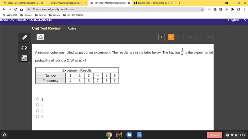 A number cube was rolled as part of an experiment. The results are in the table below-example-1