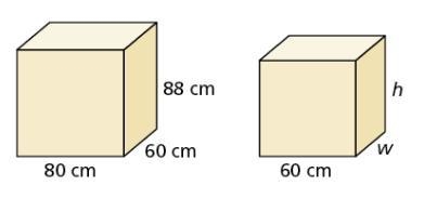 The prisms are similar. Find the missing width w and height h-example-1