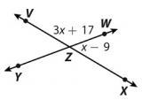 What is the value of x and the measure of ∠WZX, respectively? A. x = 34 ; ∠WZX = 43 B-example-1