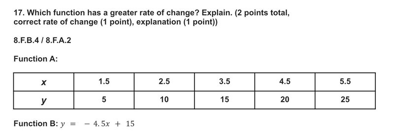 Which function has a greater rate of change? Explain. (2 points total, correct rate-example-1