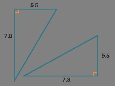 Consider the triangles below. 2 right triangles. Both triangles have side lengths-example-1