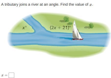 A tributary joins a river at an angle. Find the value of x. WhAt this is- just- uGh-example-1