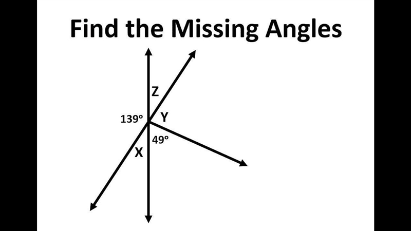 Find the measure of the missing angles. X= Y= Z=-example-1