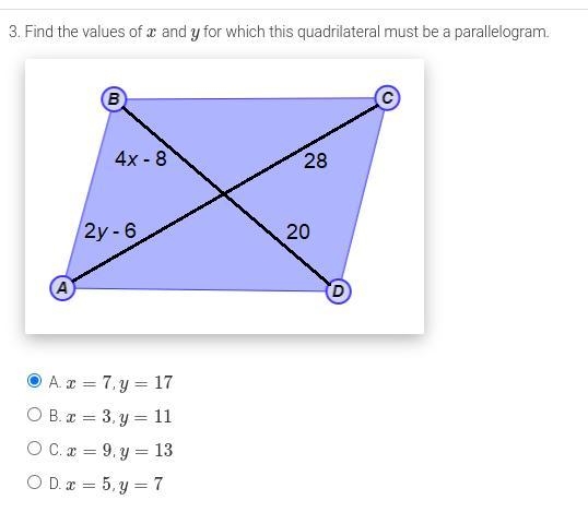 Find the values of x and y for which this quadrilateral must be a parallelogram. I-example-1