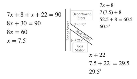 Tayna is trying to determine the measures of both angles in the map below. Her work-example-1