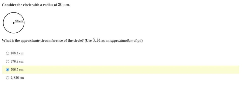 Consider the circle with a radius of 30 cm. What is the approximate circumference-example-1