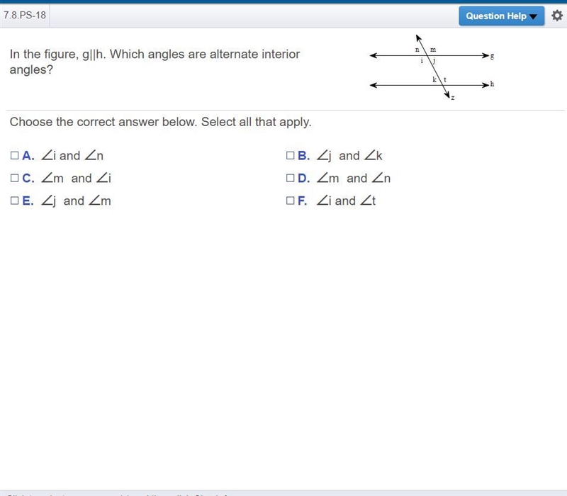 In the​ figure, g​||h. Which angles are alternate interior​ angles? Choose the correct-example-1