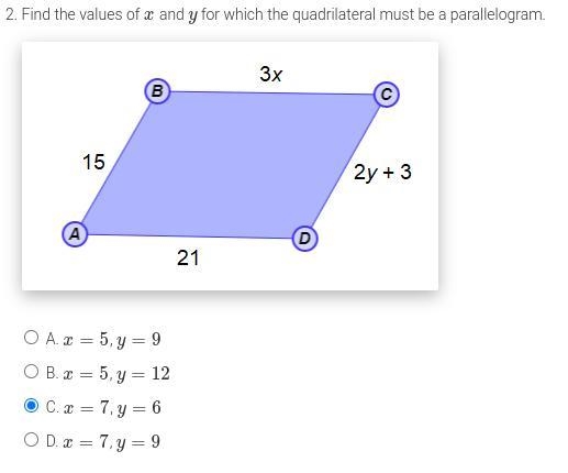 Find the values of x and y for which the quadrilateral must be a parallelogram. I-example-1