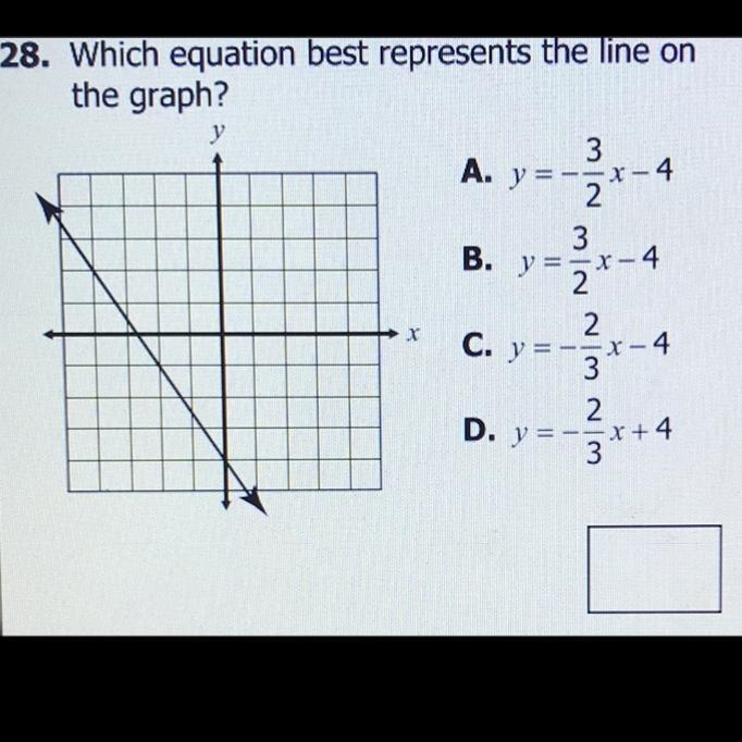 Which equation best represents the line on the graph? A. y = -3/2x - 4 B. y = 3/2x-example-1