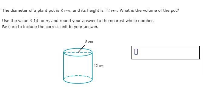 The diameter of a plant pot is 8 , and its height is 12 . What is the volume of the-example-1