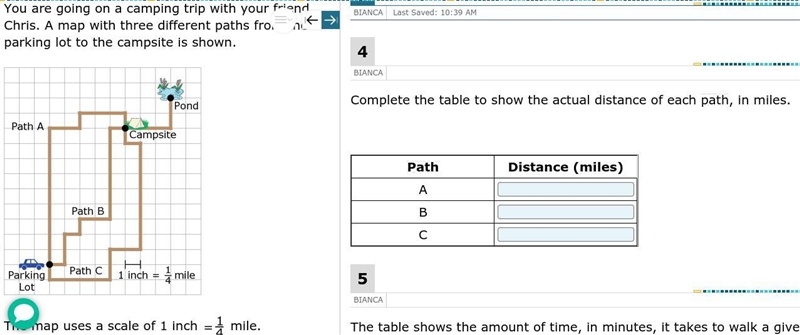 Complete the table to show the actual distance of each path, in miles.-example-1