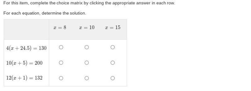 For this item, complete the choice matrix by clicking the appropriate answer in each-example-1