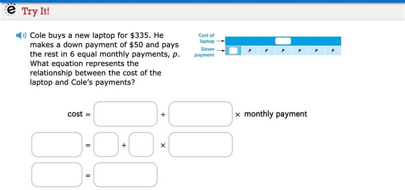 Cole buys a new laptop for $335. He makes a down payment of $50 and pays the rest-example-1