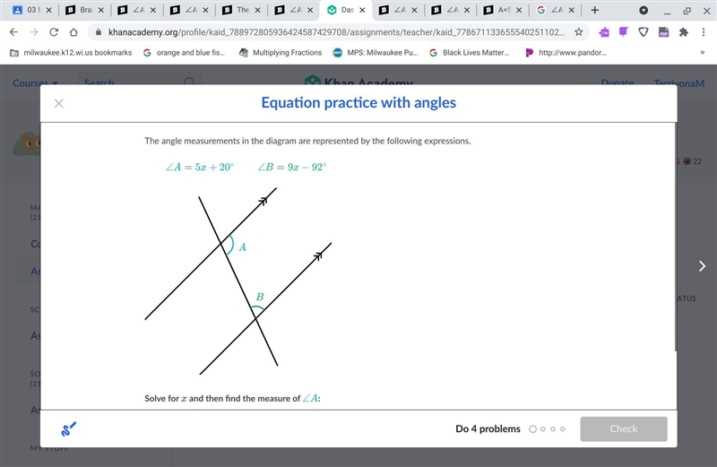 ∠A=5x+20 ∘ start color #11accd, angle, A, end color #11accd, equals, start color #11accd-example-1