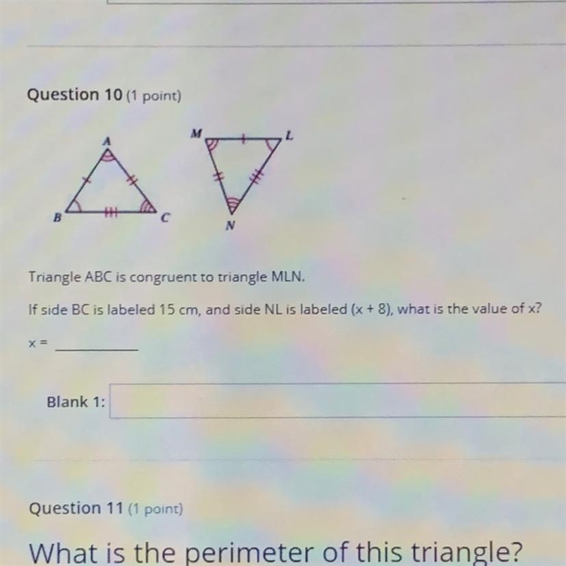 If side BC is labeled 15 cm, and NL is labeled (x + 8), what is the value of x?-example-1